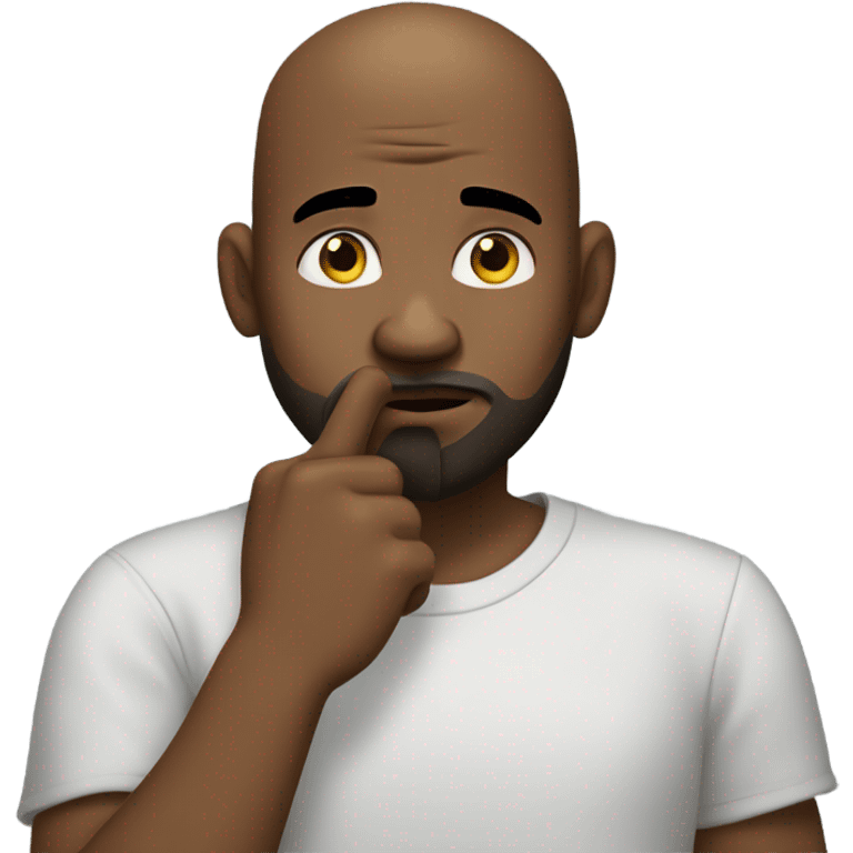 A bald black man with a beard and goatee in deep thought scratching his beard with his right index finger across his lips. emoji