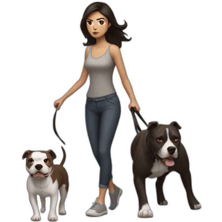 a woman with dark hair is angry and walks with a pitbull emoji