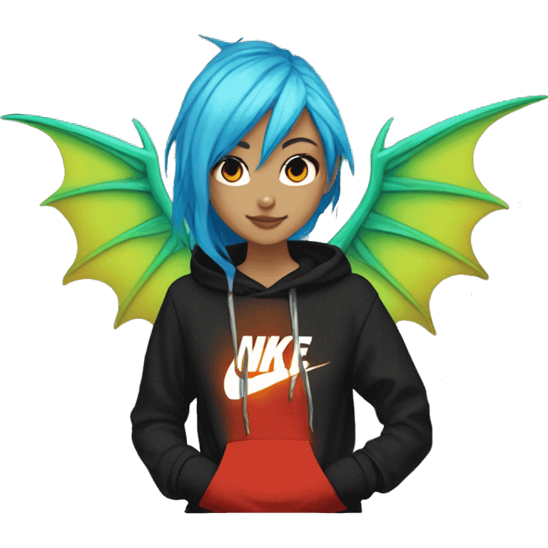 Lady with brunette and iridescent blue hair, gold, lime green dragon wings, black hoodie, bleach dyed, black and gold Nike t shirt, and bright red eyes emoji