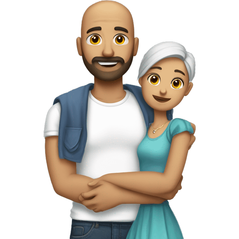 Indian Beard guy with bald head in a tshirt and jeans hand hugging  girl with with a dress  emoji