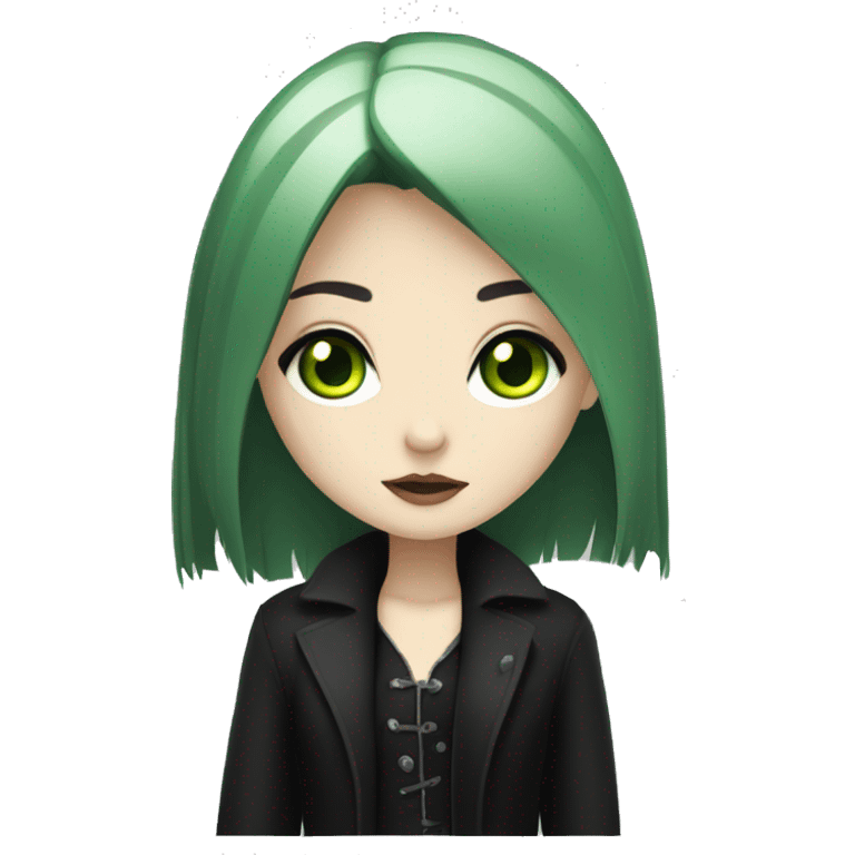 pale girl with green eyes and shaggy black hair and gothic clothes  emoji