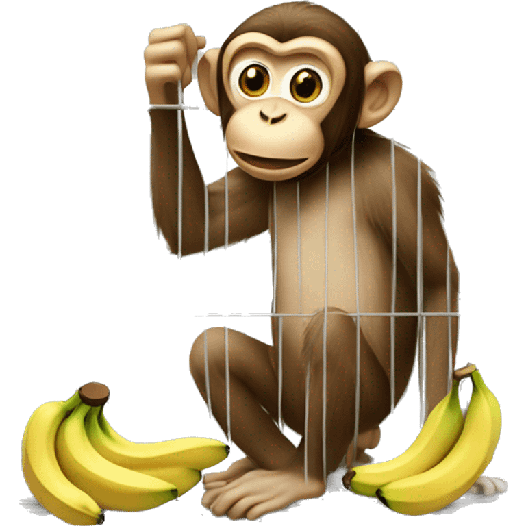 The monkey's outside. Banana inside the cage.  Monkey trying to get the banana out of the cage emoji