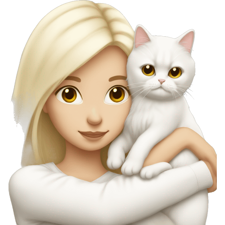 Blonde girl snuggling white Persian cat emoji