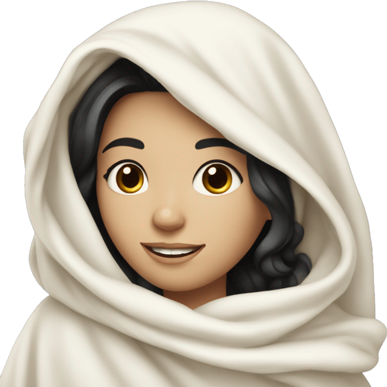 Girl with black hair and pale skin smiling and having a white blanket draped across her   emoji