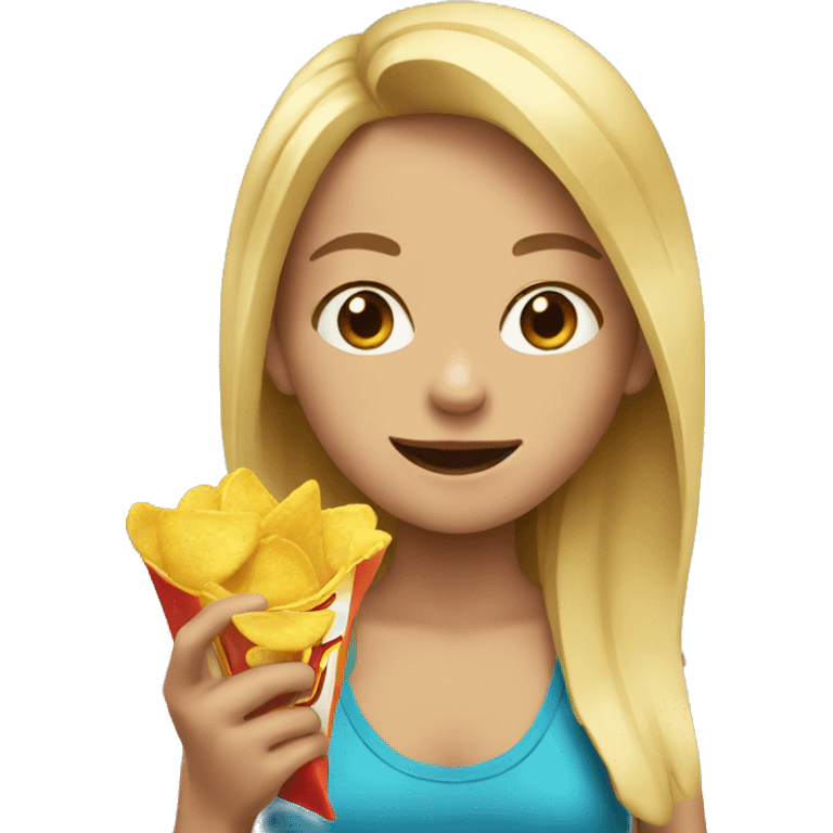 A blond girl eats chips and chocolate emoji