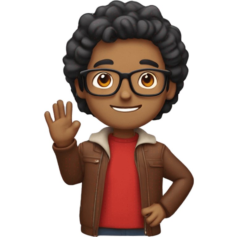 brown man, wearing glasses, small ear ring in the left ear, a little smile and a red jacket, doing a wave with his right hand emoji