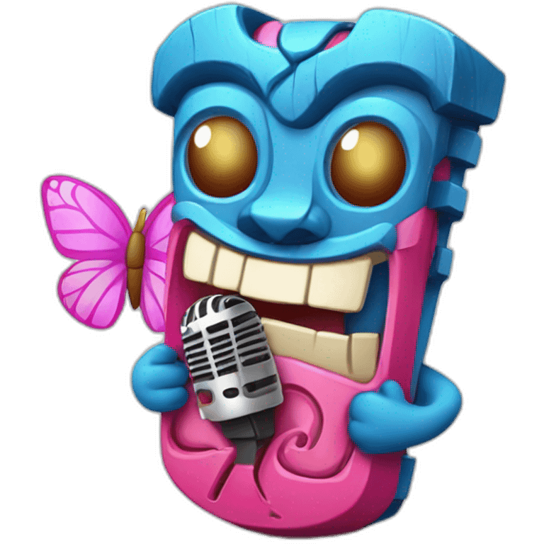 Cartoon Blue and pink tiki singing with butterfly and mikrophone emoji