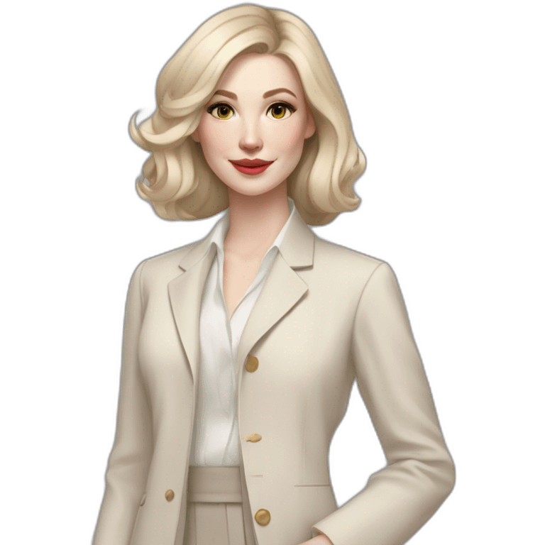 pale skin woman with ash blonde Straightened bob Hair, White Spacious classical jacket, beige palazzo Arrow pants and gray blouse holding a color palette in the hands emoji