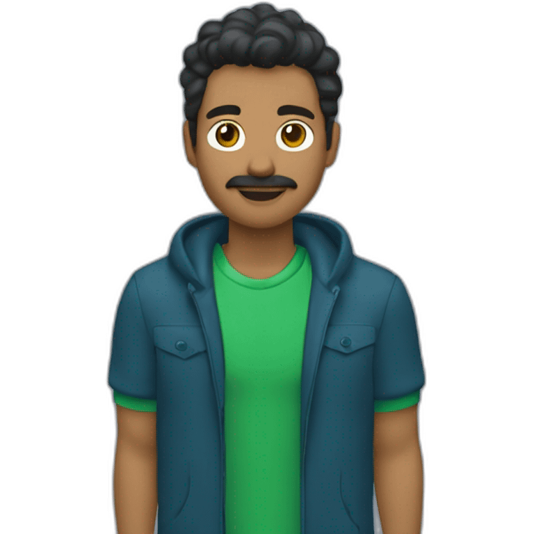 un chico con boina azul, pelo castaño y con rulos, camisa verde acuatico con chaqueta simple azul marino y de osos verdes emoji