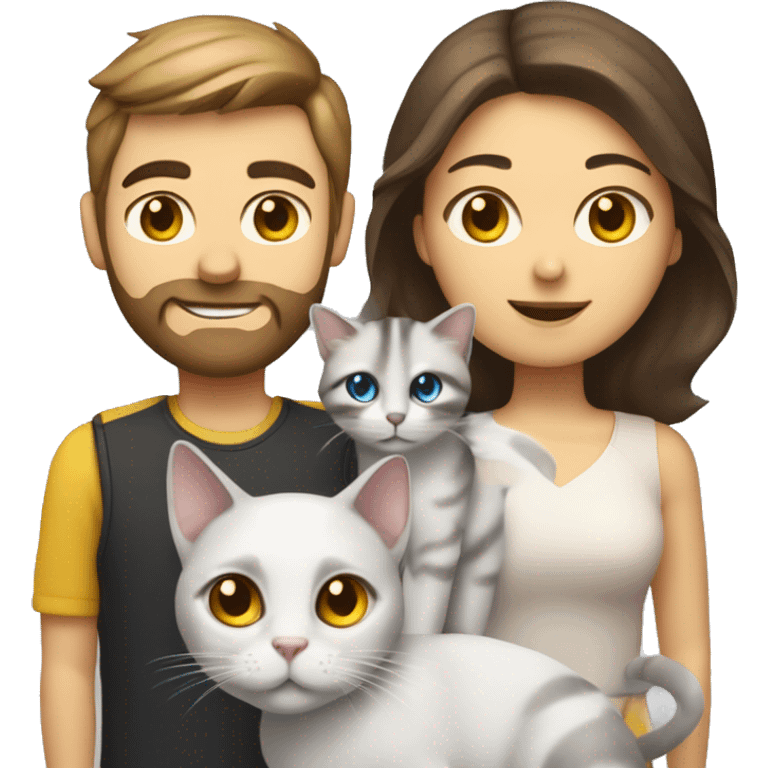 Family emoji: 1 man with brow eyes brown hair and brown beard,1  woman with blue eyes and brow hair, a black and white cat with yellow eyes and is a car with red gray and white color and yellow eyes emoji