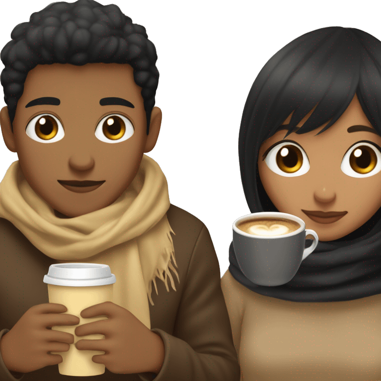 LIGHT BROWN SKIN BOY, with SHORT STRAIGHT BLACK HAIR and a TAN SKIN GIRL, with BLACK HAIR and BANGS, inside the same blanket sipping coffee emoji