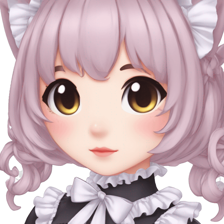 Gorgeous anime style catgirl with blushing face with maid outfit laces gothic Lolita idol model kawaiicore pastelcore cottagecore pearly petite simplistic aesthetic trending style emoji