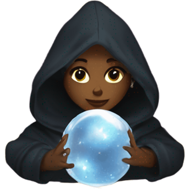 Black lady with curly hair and a moon and star pattern cloak with hood seeing through a crystal ball  emoji