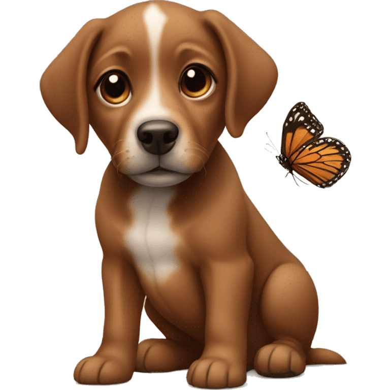 a brown baby dog with a butterfly on the nose emoji