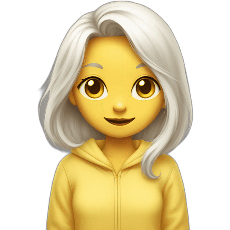 Cat-girl with long white hair yellow eyes in yellow pajamas hiding emoji