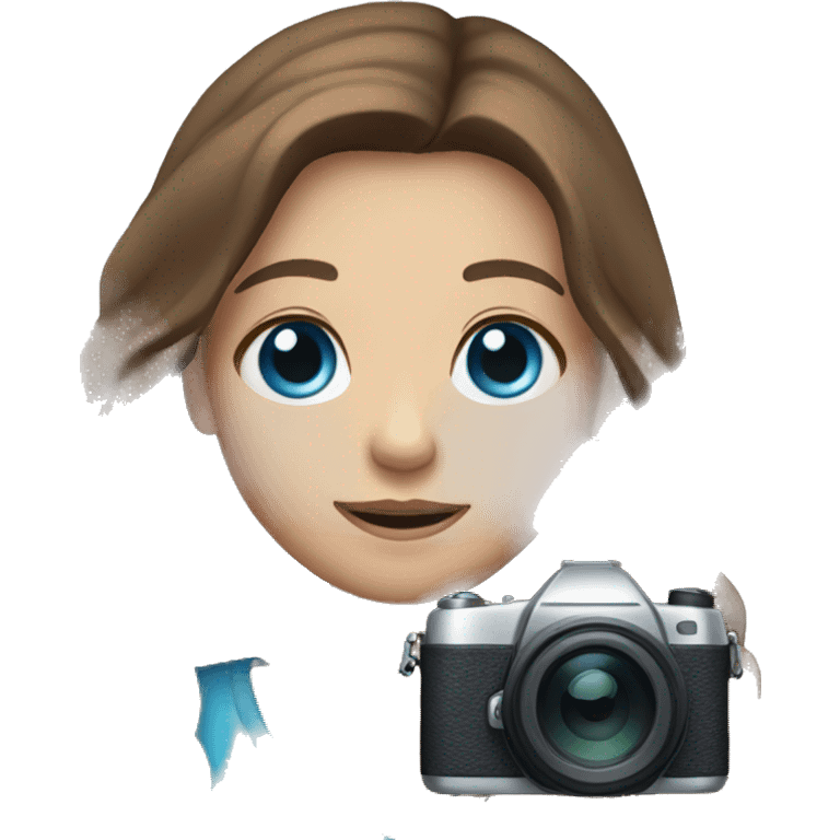 girl with long brown hair and blue eyes holding camera emoji