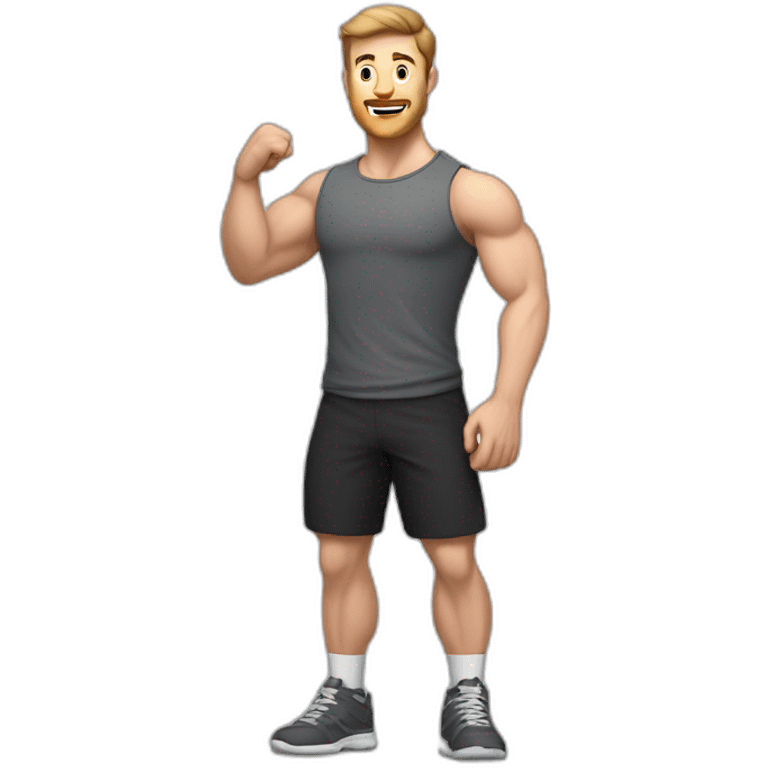 Full height Actively gesturing with hands Pale skinned Fit Man With the biceps and brown hair in dark gray Sleeveless Mike, black oversize sports shorts, watch and white Sneakers emoji