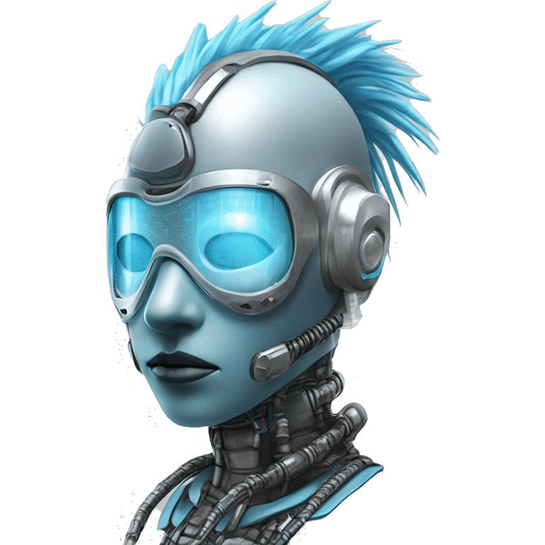 Light blue Mohawk female cyborg head with silver respirator mask and circuits emoji