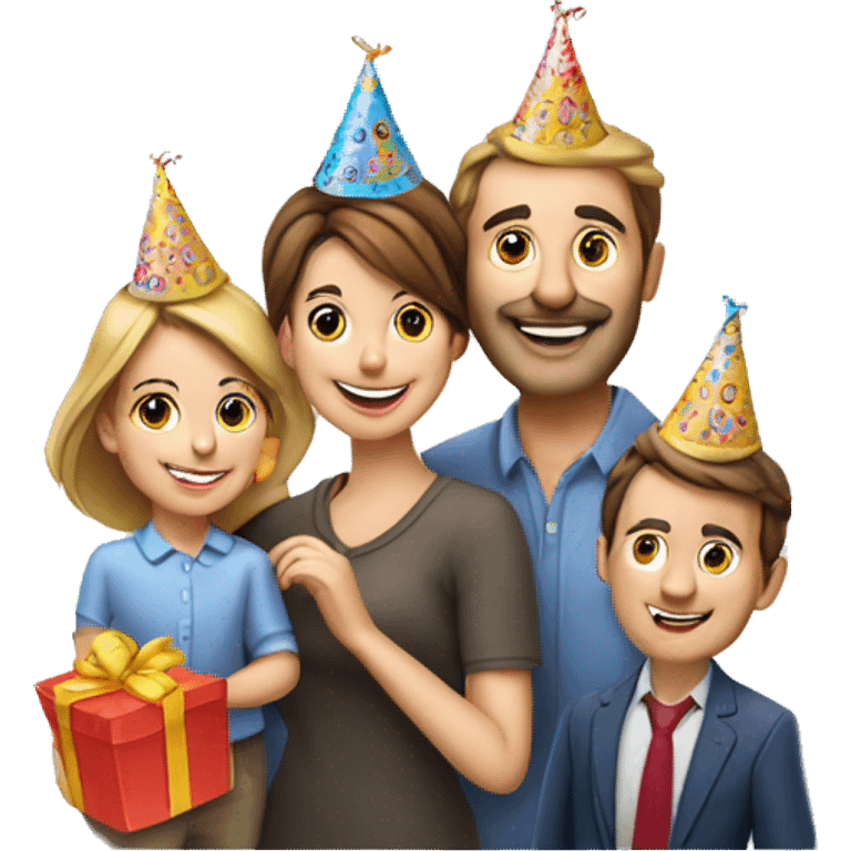 European company of 4 people (mom dad and 2 kids) celebrate birthday in birthday hats emoji