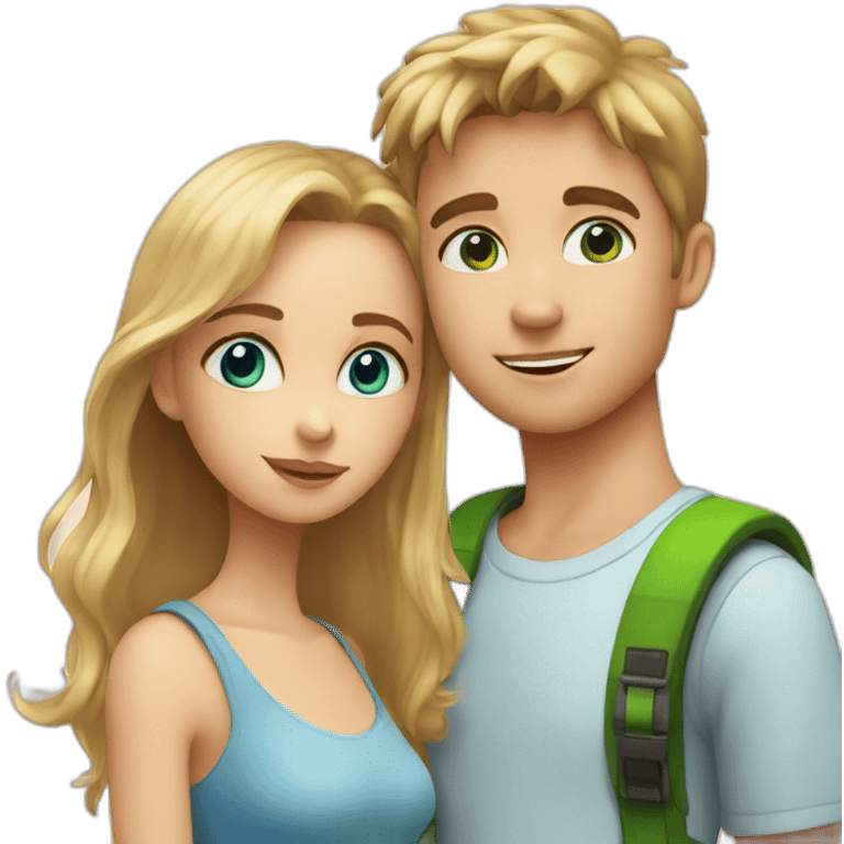 Girl with blue eyes and blonde hair kiss the check of boy with brown hair and green eyes emoji