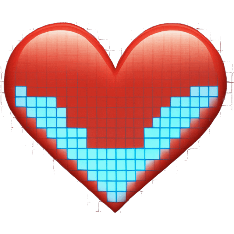 A pixelated heart in bright red with an electric blue glow. The background is a grid pattern, styled like a retro video game screen.   emoji