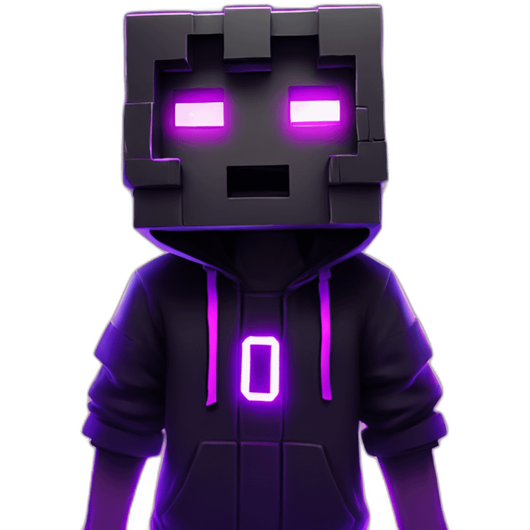 Minecraft Creeper wearing a black hoodie with "OMG" letters on it and VR headset in a cyberpunk VR environment with violet neon lighting. emoji