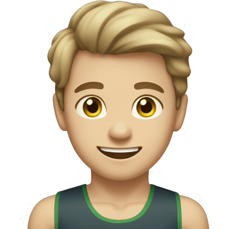 A boy with light brown hair, greenish-yellow eyes, wearing a leotard and smiling. emoji