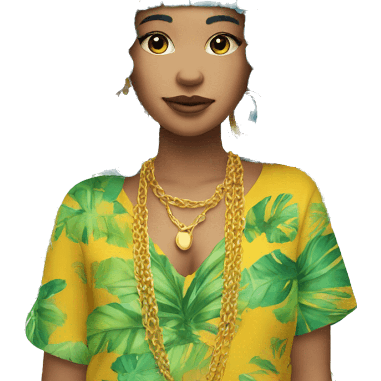 Person wearing funky tropical outfit collage with gold chain necklace and blue and ginger dyed hair emoji