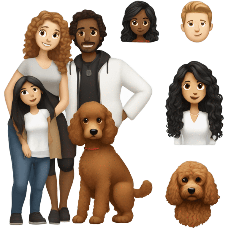 White guy with brown hair and mexican girl with long black hair holding red goldendoodle emoji