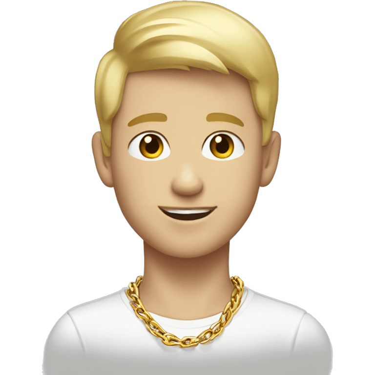 “Create an emoji-style character of a young white boy with short blonde hair, wearing gold chains around his neck. The design should have a modern, trendy, and vibrant aesthetic, suitable for use as an expressive emoji.” emoji