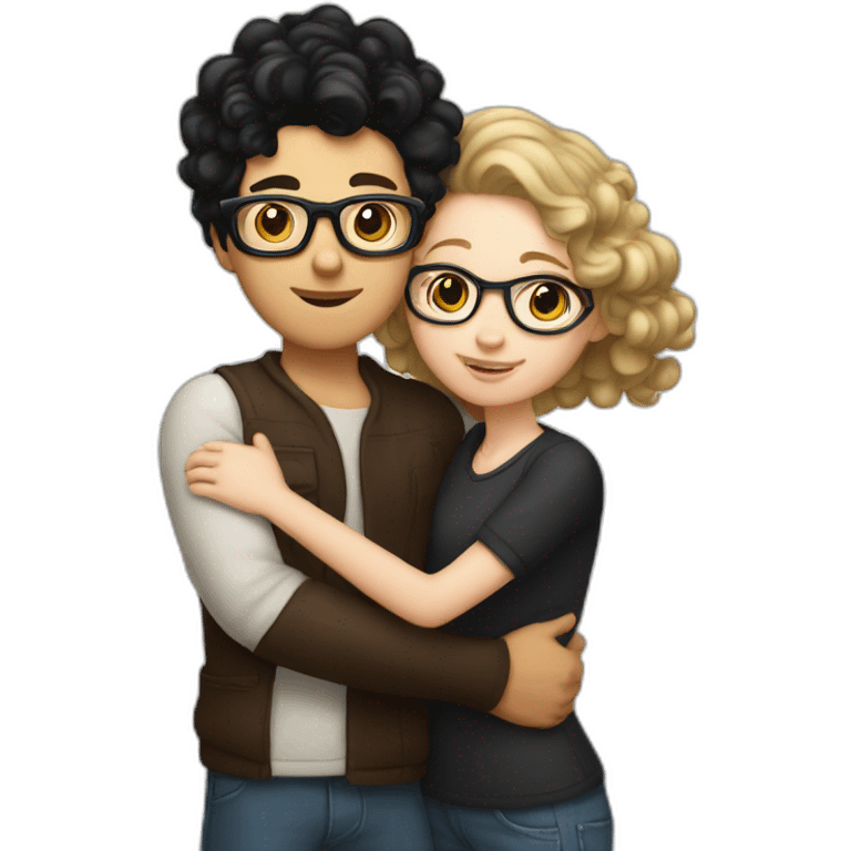  a white Boy with black hair and curlers, and with glasses on, and a white girl with long brown hair hugging each other emoji