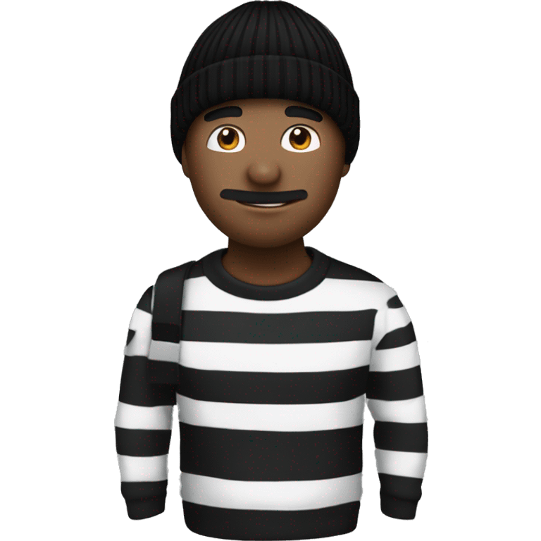 Man who has a black beanie, money back over his right shoulder, black mask that goes across his eyes and a black and white striped shirt. emoji