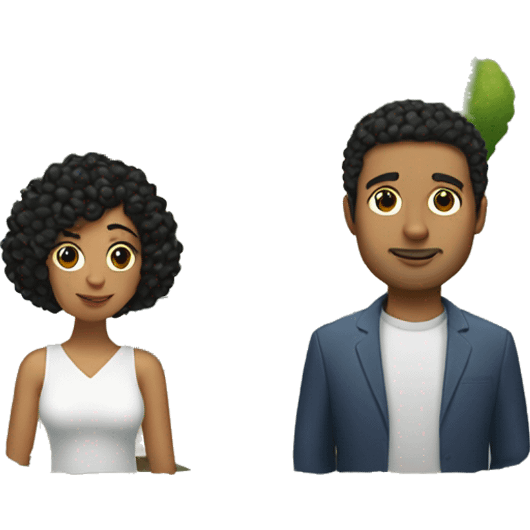 a small house with trees and a women with black short curly hair and a man golden skined and hair with a heart in the middle on top emoji