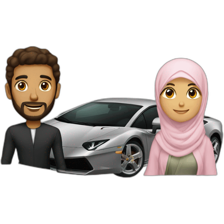 brown guy driving a lambo and next to him his hijabi wife emoji