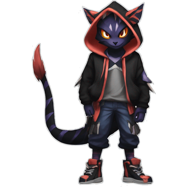 Cool Anthro Black Noivern-Absol-Litten-Pokémon with edgy stripes hoodie spiked collar punk Full Body emoji