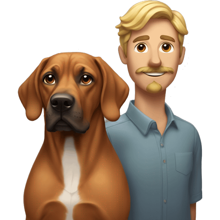 white male with long rainbow colored hair and a curled mustache standing alongside a brown rhodesian ridgeback dog emoji