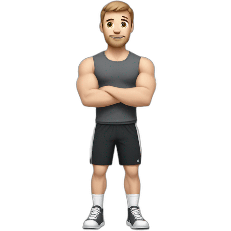 Close up Actively gesturing  with hands Pale skinned Fit Man With the biceps and brown hair in dark gray Sleeveless Mike, black oversize sports shorts, watch and white Sneakers emoji