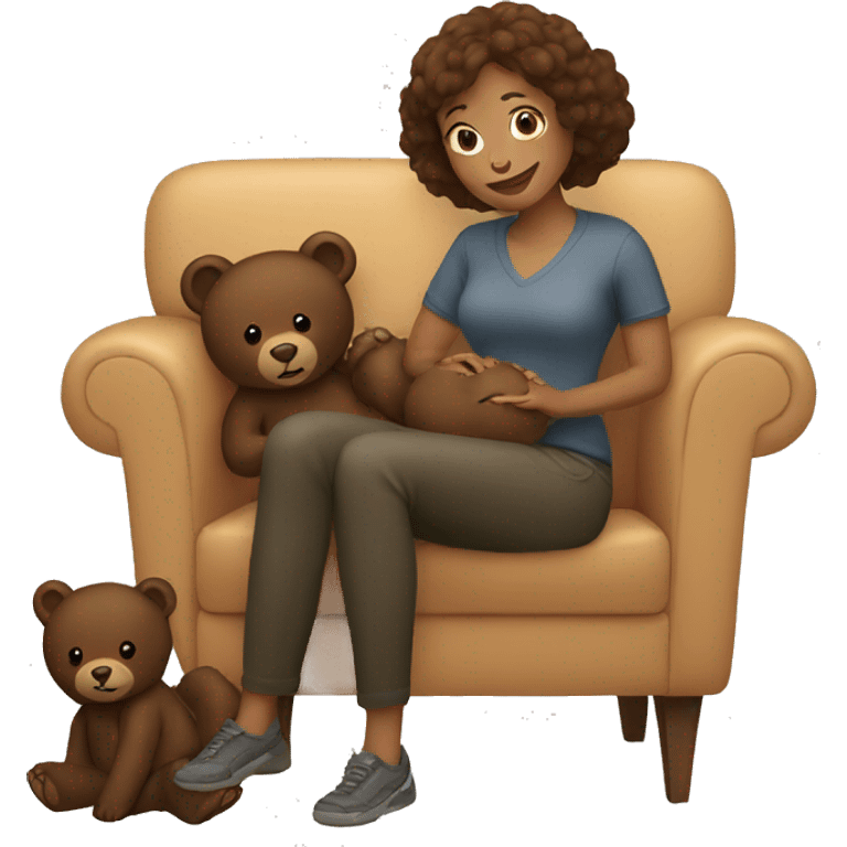 Woman sitting on a couch with brown bears  emoji