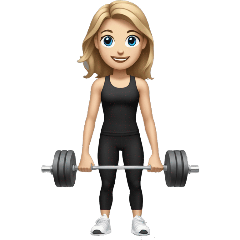 Gym girl lifting weights,light brown hair blue eyes, smiling wearing black gym leggings emoji