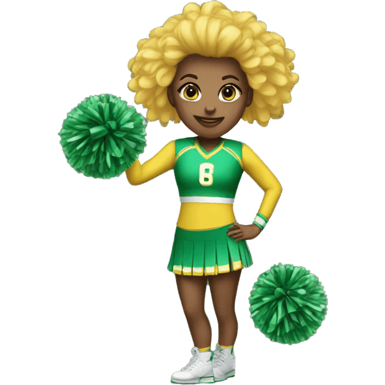 Cheerleader with green and yellow uniform and poms emoji