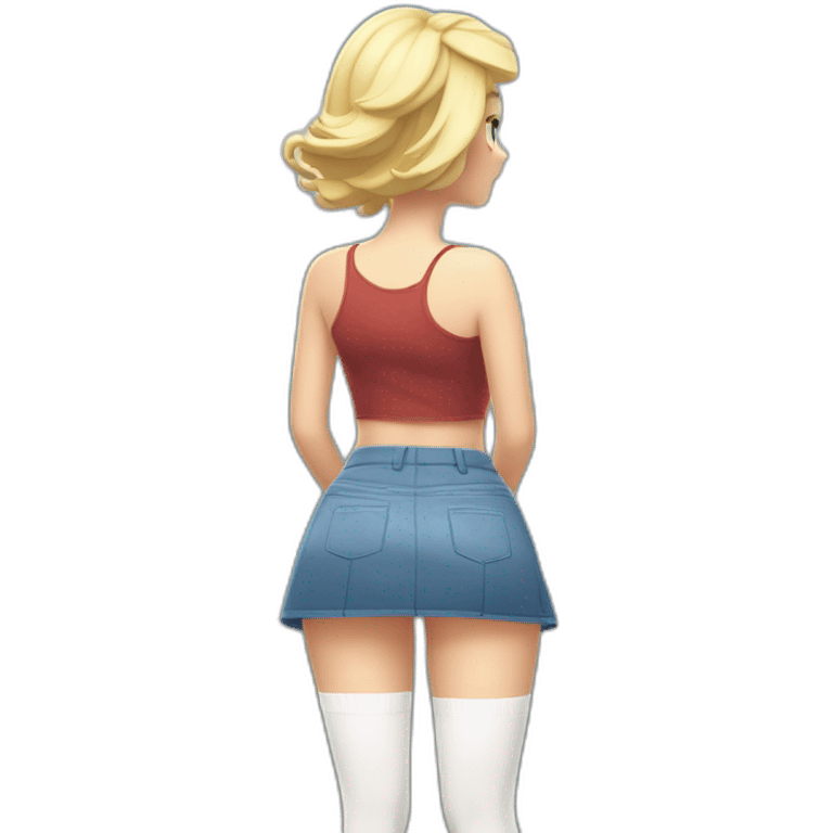 full body back view curvy caucasian beauty in small skirt lifted by the wind butt white socks emoji