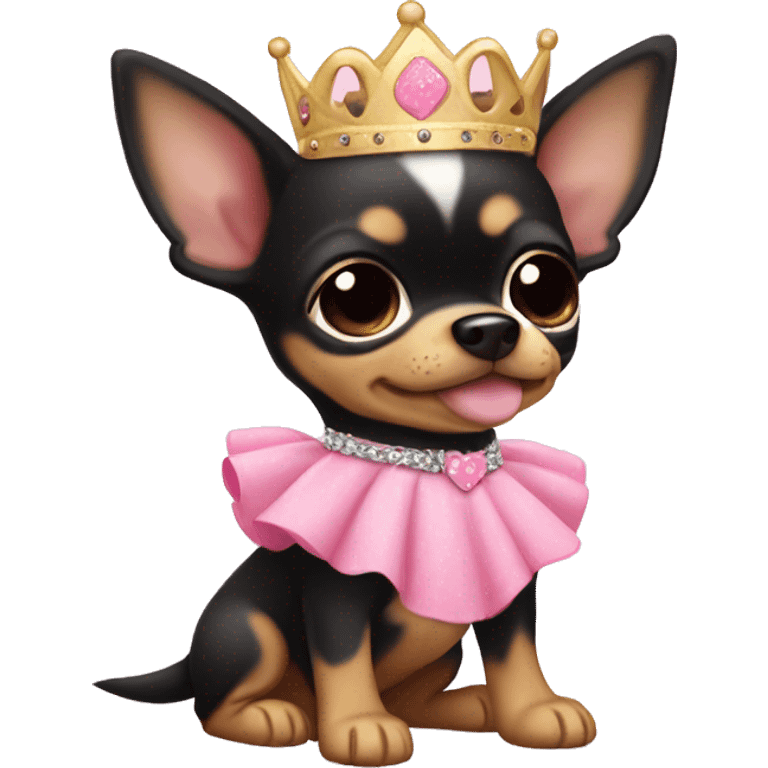 black & tan chihuahua puppy wearing a pink princess dress emoji