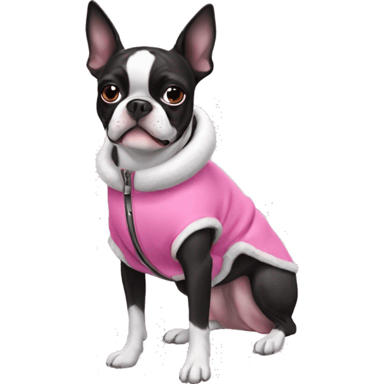 Boston terrier wearing a pink winter coat emoji