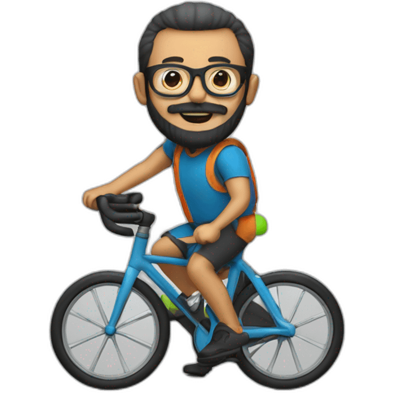 A hunchy man with glasses and a black circle beard driving a training bike emoji