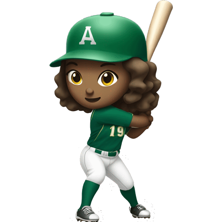 Brunette softball player up to bat wearing green jersey emoji