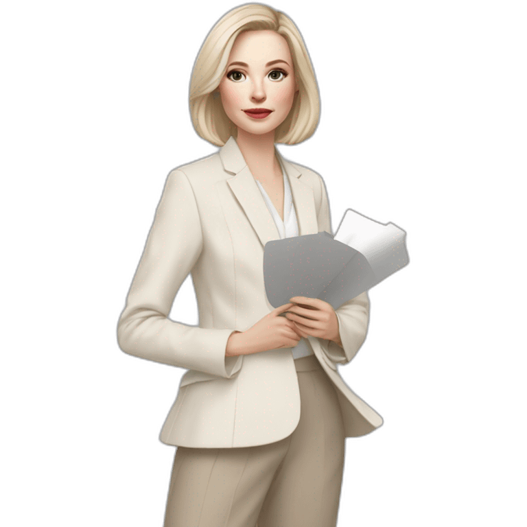 pale skin woman with ash blonde Straightened bob Hair, White Spacious classical jacket, beige palazzo Arrow pants and gray blouse holding a color palette in the hands emoji