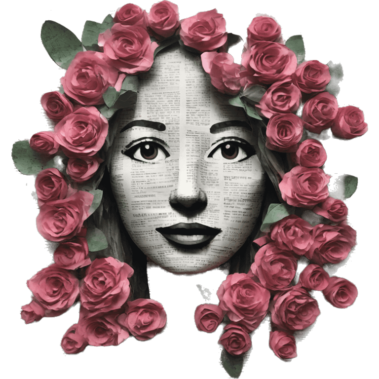 Person face portrait made entirely of newspaper cuttings and roses emoji