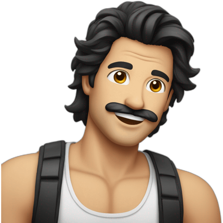 HAPPY MAN WITH MUSTACHE, stubble AND LONG BLACK HAIR AND WHITE TANK TOP emoji