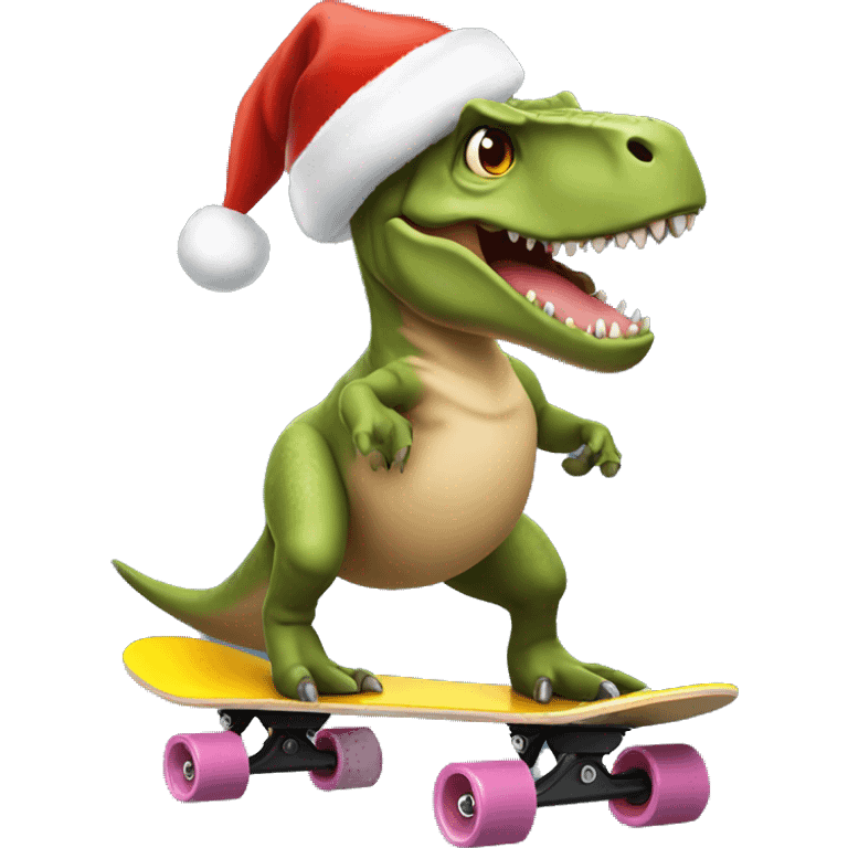 Trex on a skateboard wearing a Santa hat emoji