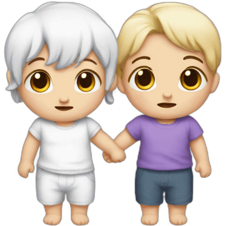 two crying white babies holding hands, one has purple hair emoji